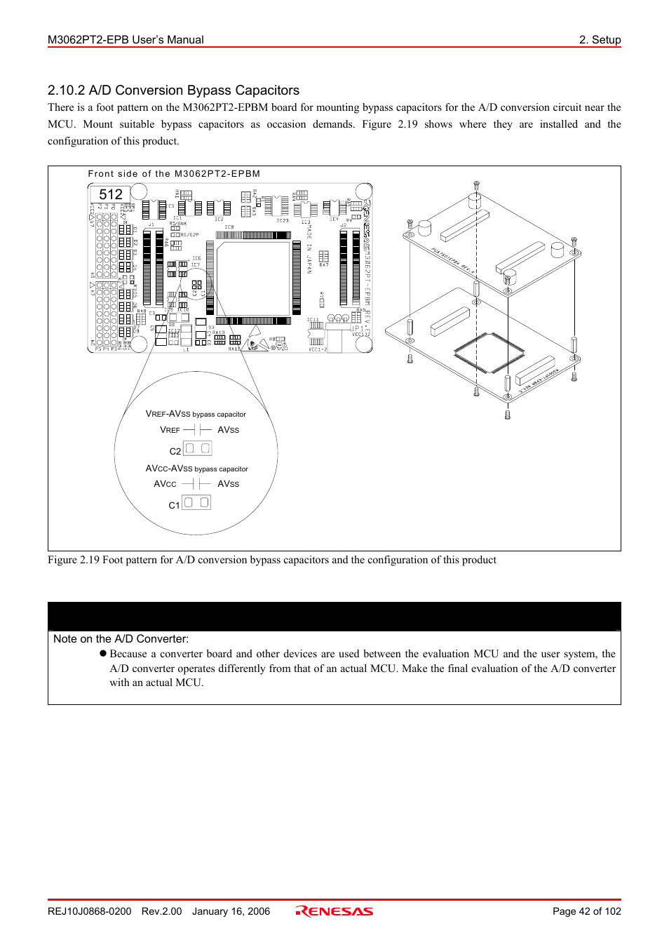 2 a/d conversion bypass capacitors, Important | Renesas M3062PT2-EPB User Manual | Page 42 / 102