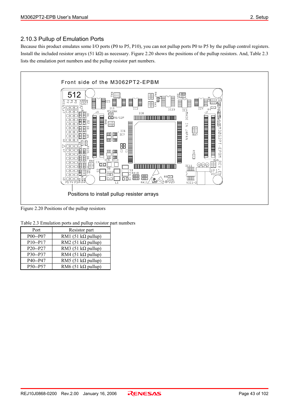 3 pullup of emulation ports | Renesas M3062PT2-EPB User Manual | Page 43 / 102
