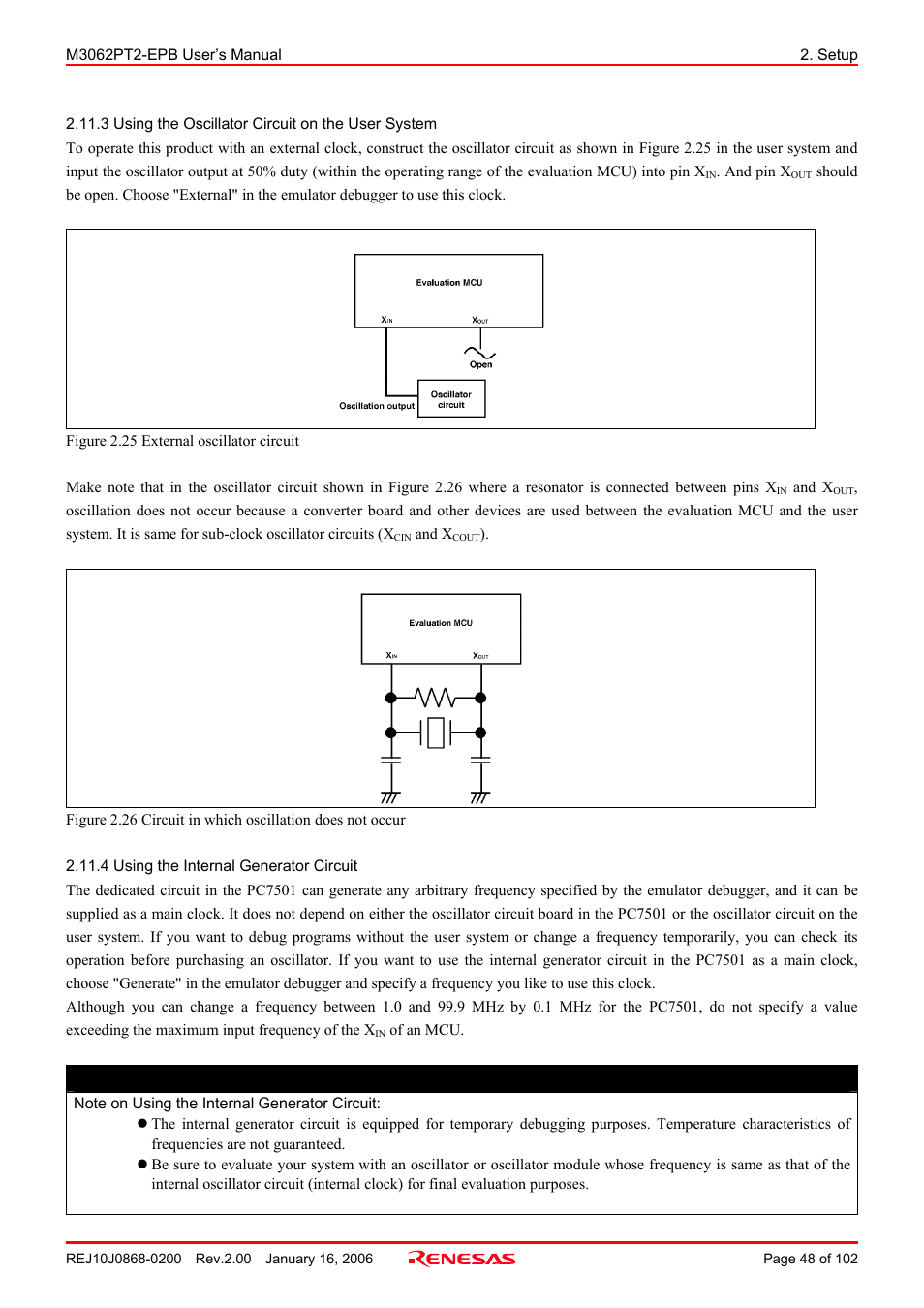 3 using the oscillator circuit on the user system, 4 using the internal generator circuit | Renesas M3062PT2-EPB User Manual | Page 48 / 102