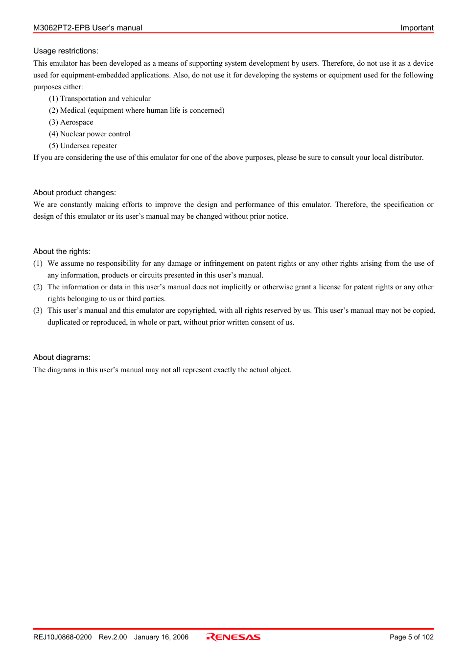 Renesas M3062PT2-EPB User Manual | Page 5 / 102