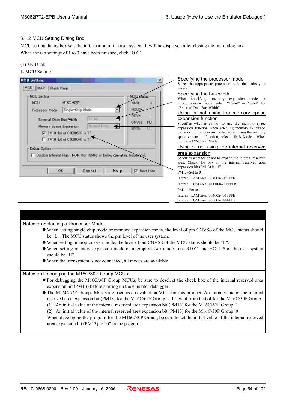 2 mcu setting dialog box, Important | Renesas M3062PT2-EPB User Manual | Page 54 / 102