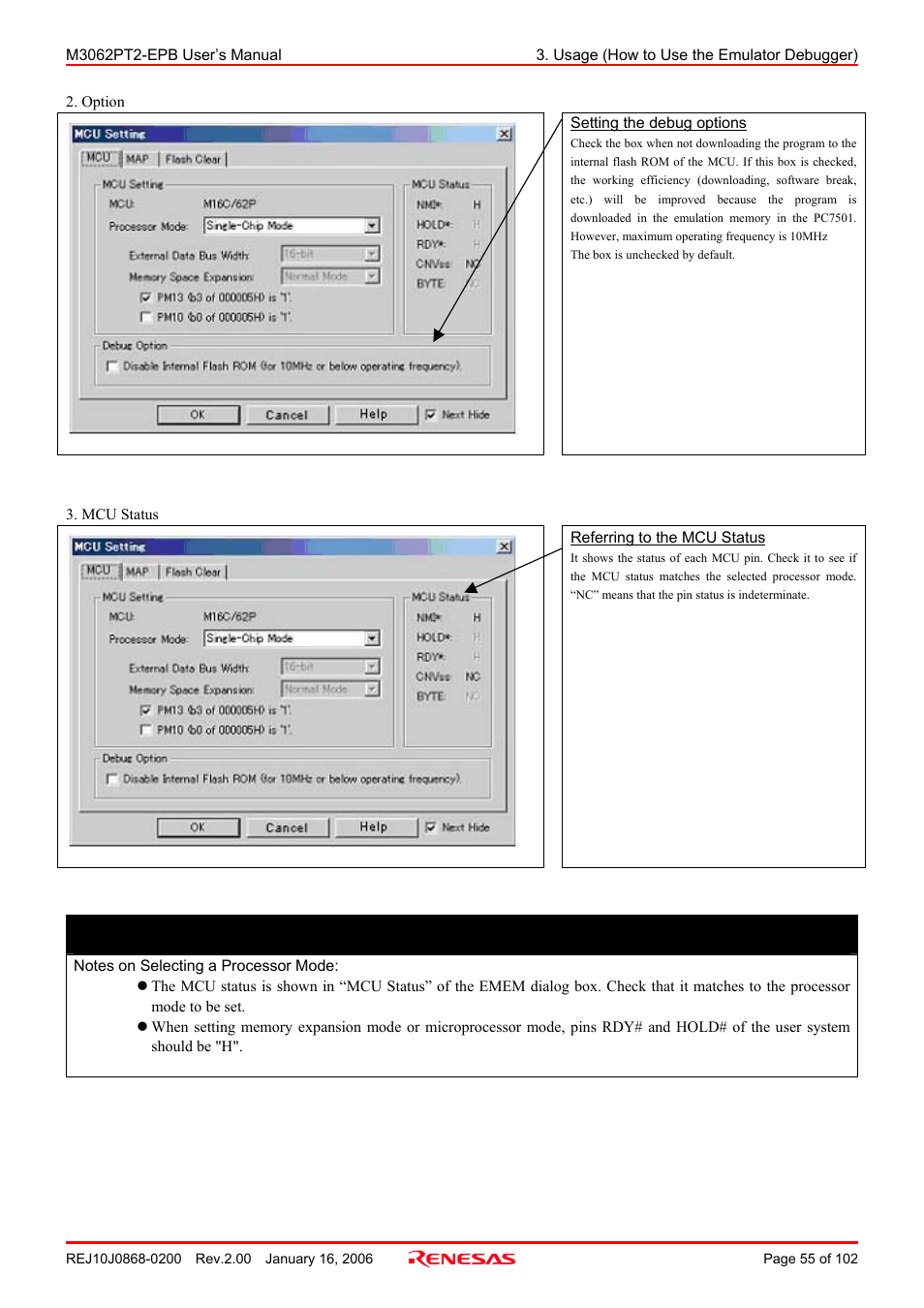 Important | Renesas M3062PT2-EPB User Manual | Page 55 / 102