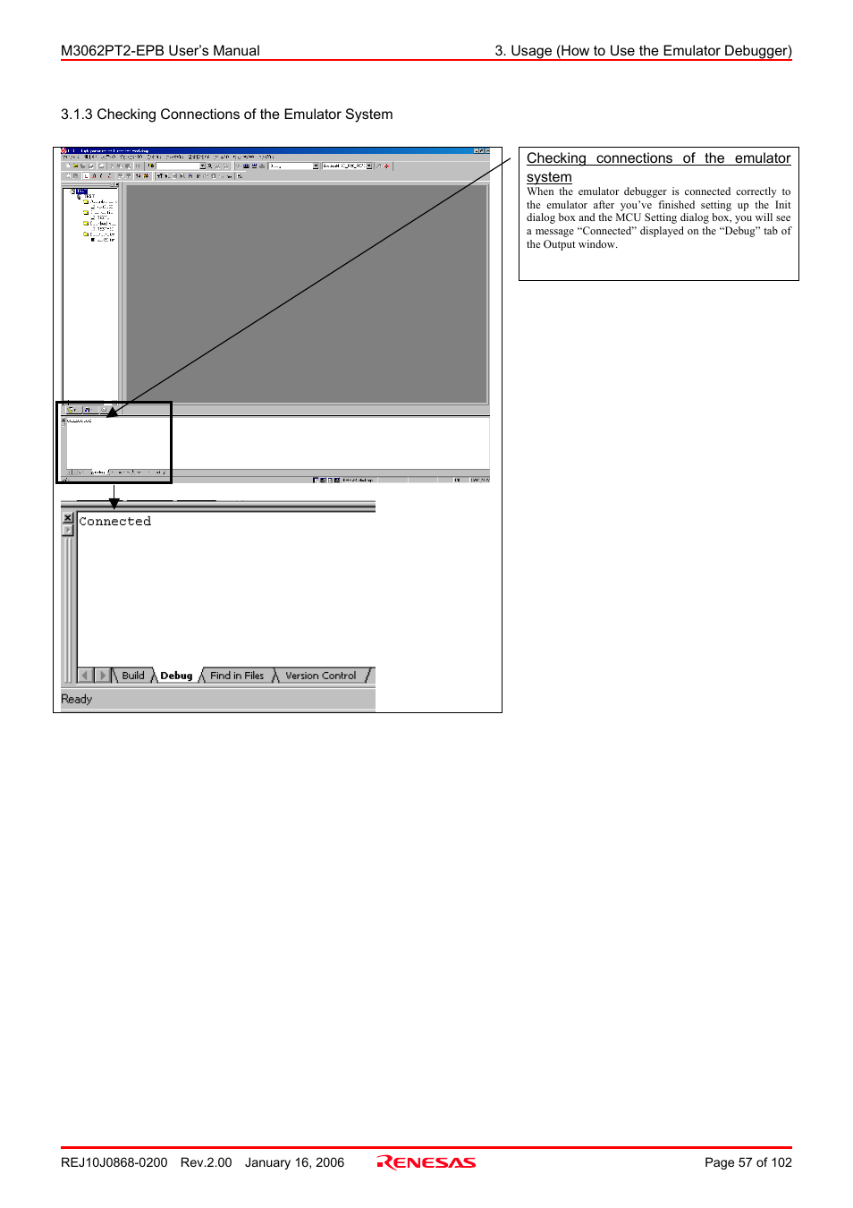 3 checking connections of the emulator system | Renesas M3062PT2-EPB User Manual | Page 57 / 102