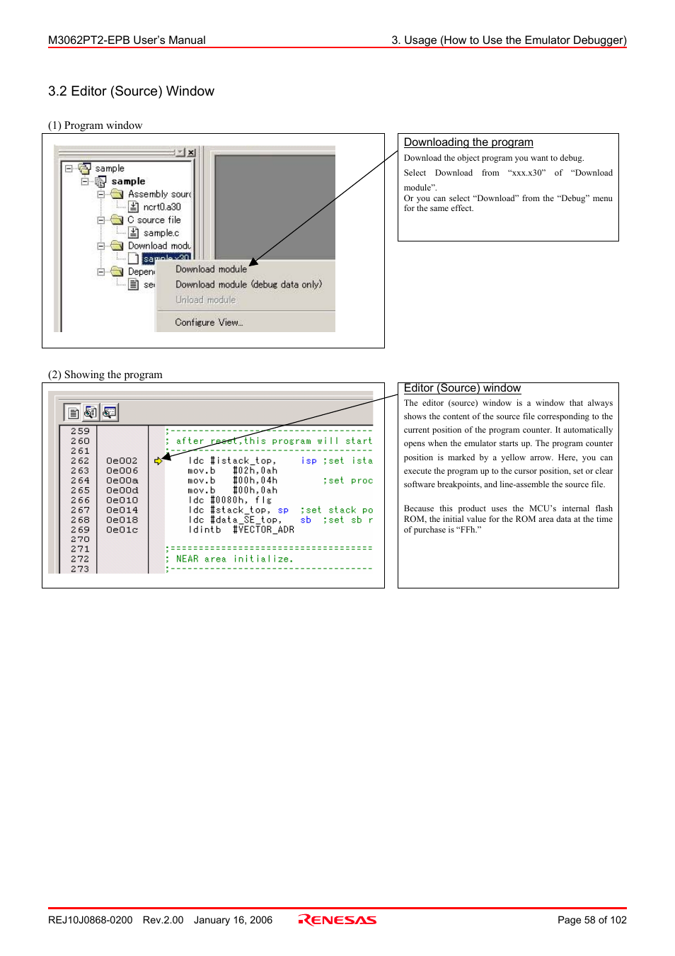 2 editor (source) window | Renesas M3062PT2-EPB User Manual | Page 58 / 102