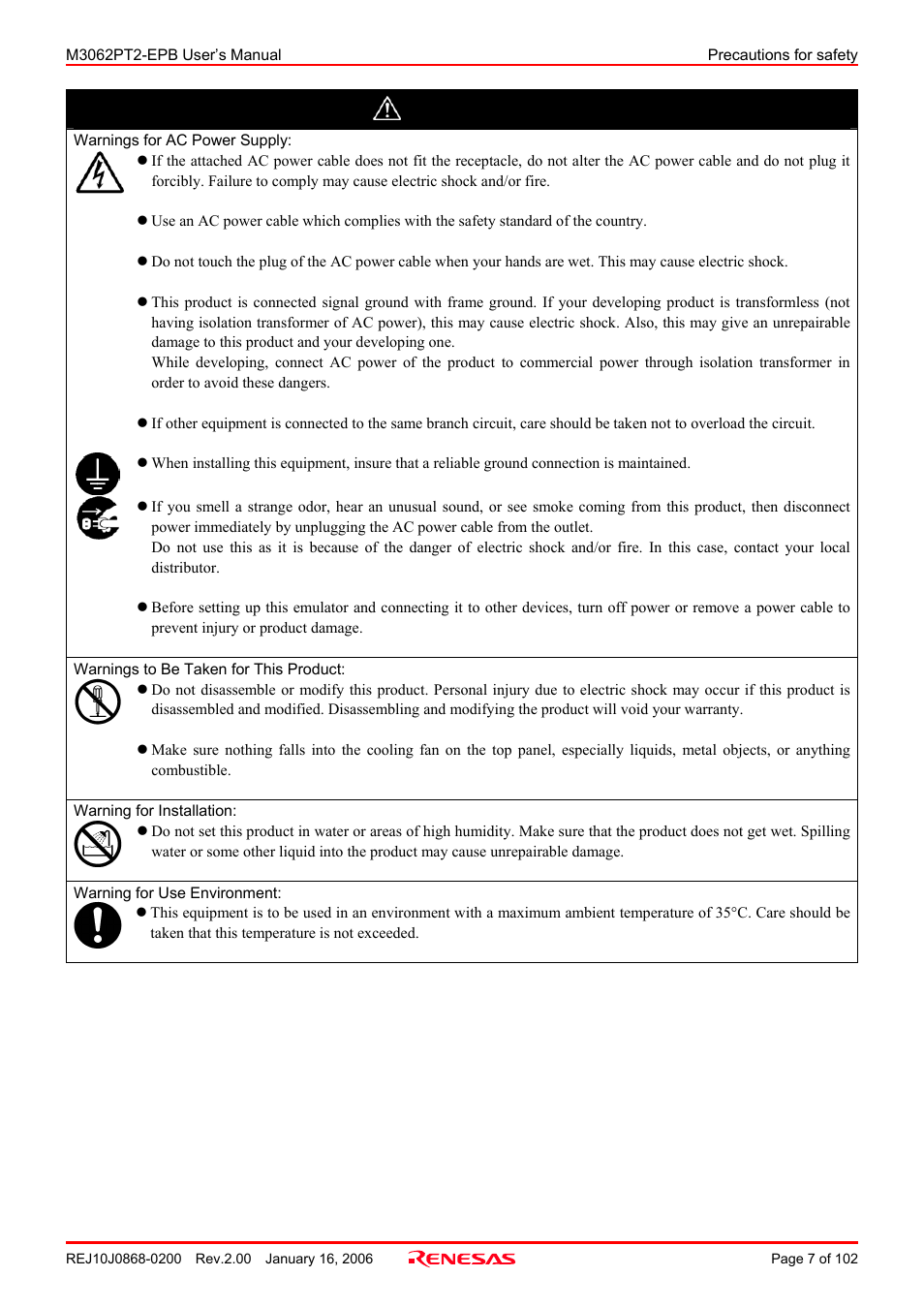 Warning | Renesas M3062PT2-EPB User Manual | Page 7 / 102