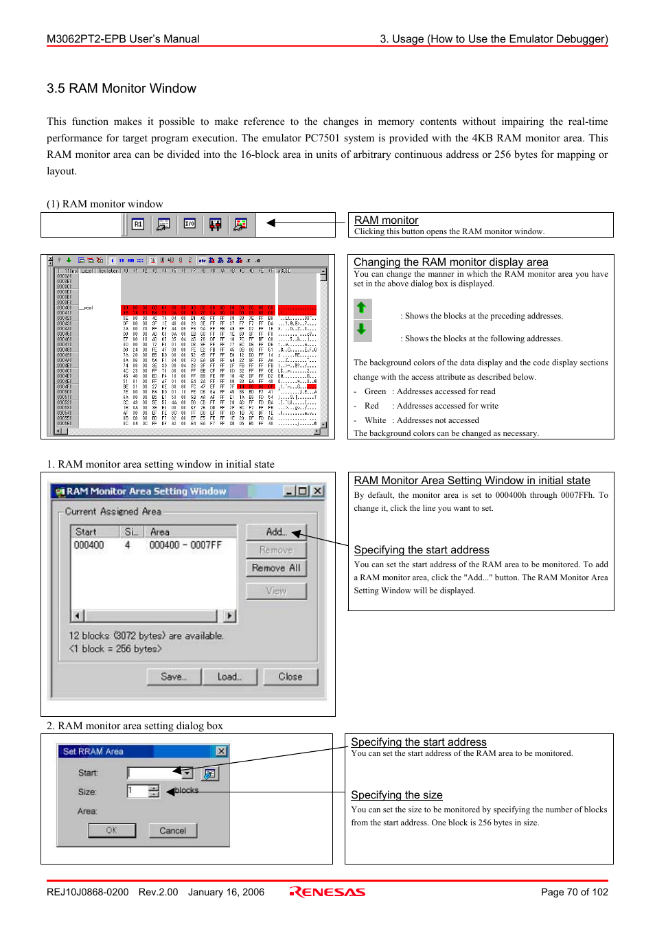 5 ram monitor window | Renesas M3062PT2-EPB User Manual | Page 70 / 102