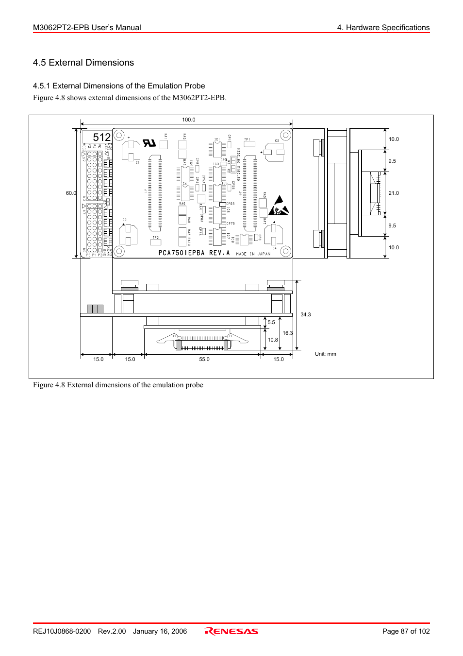 5 external dimensions, 1 external dimensions of the emulation probe | Renesas M3062PT2-EPB User Manual | Page 87 / 102