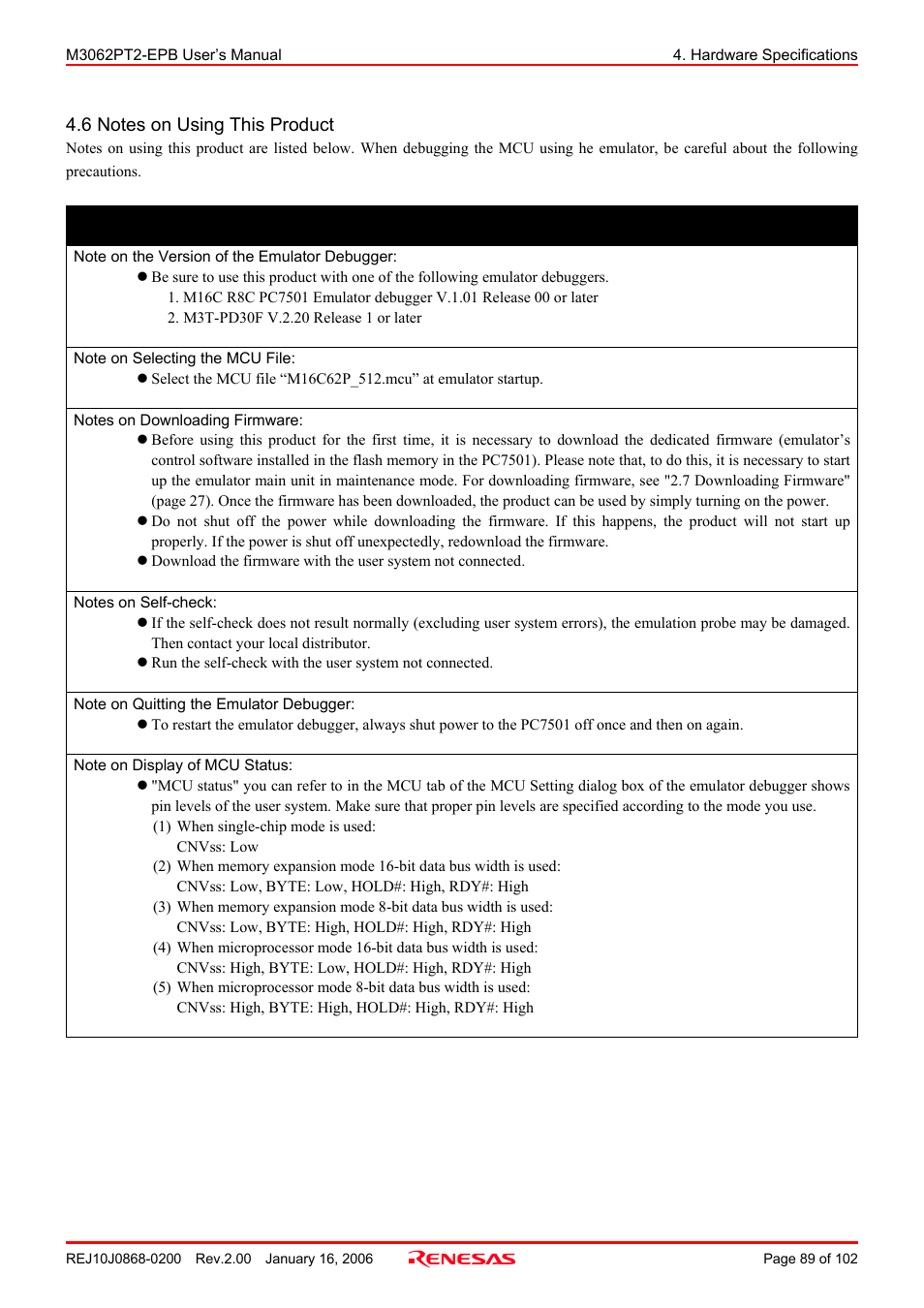 6 notes on using this product, Important | Renesas M3062PT2-EPB User Manual | Page 89 / 102