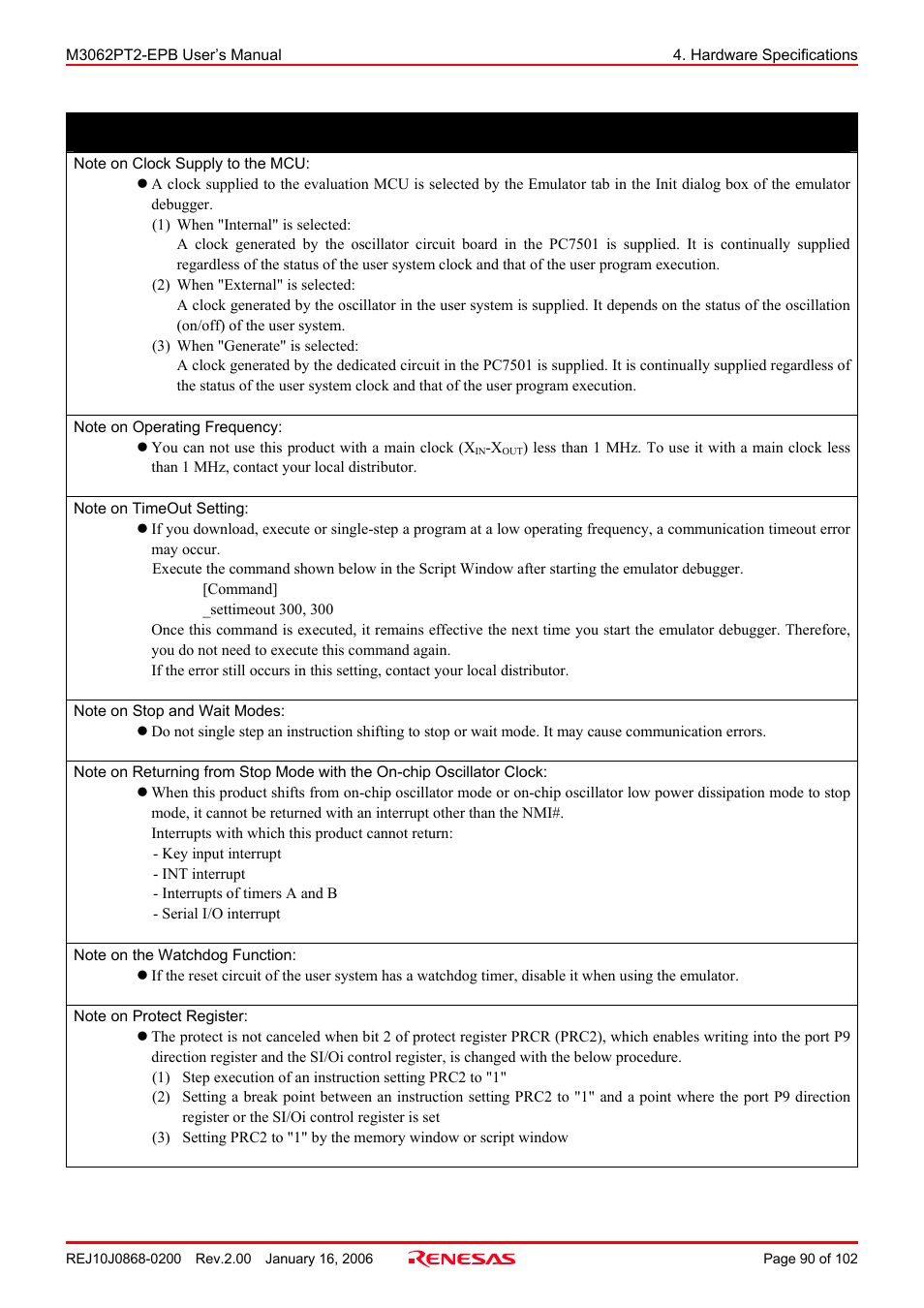 Important | Renesas M3062PT2-EPB User Manual | Page 90 / 102