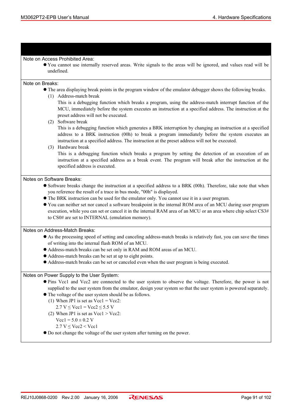 Important | Renesas M3062PT2-EPB User Manual | Page 91 / 102