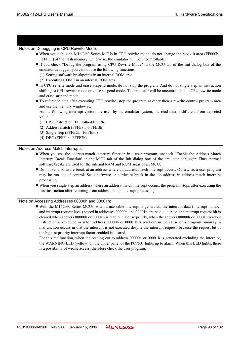 Important | Renesas M3062PT2-EPB User Manual | Page 93 / 102