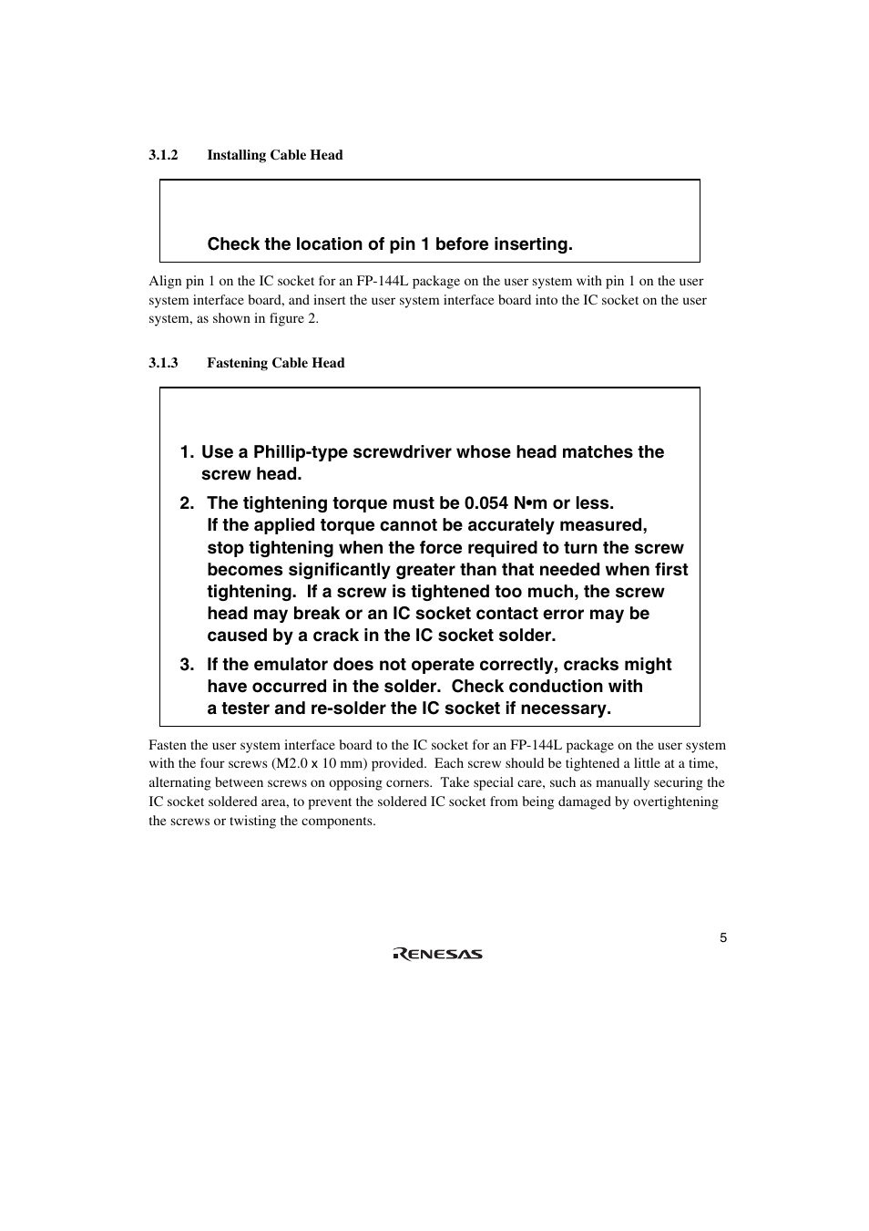 2 installing cable head, 3 fastening cable head, Caution | Renesas FP-144L User Manual | Page 23 / 40