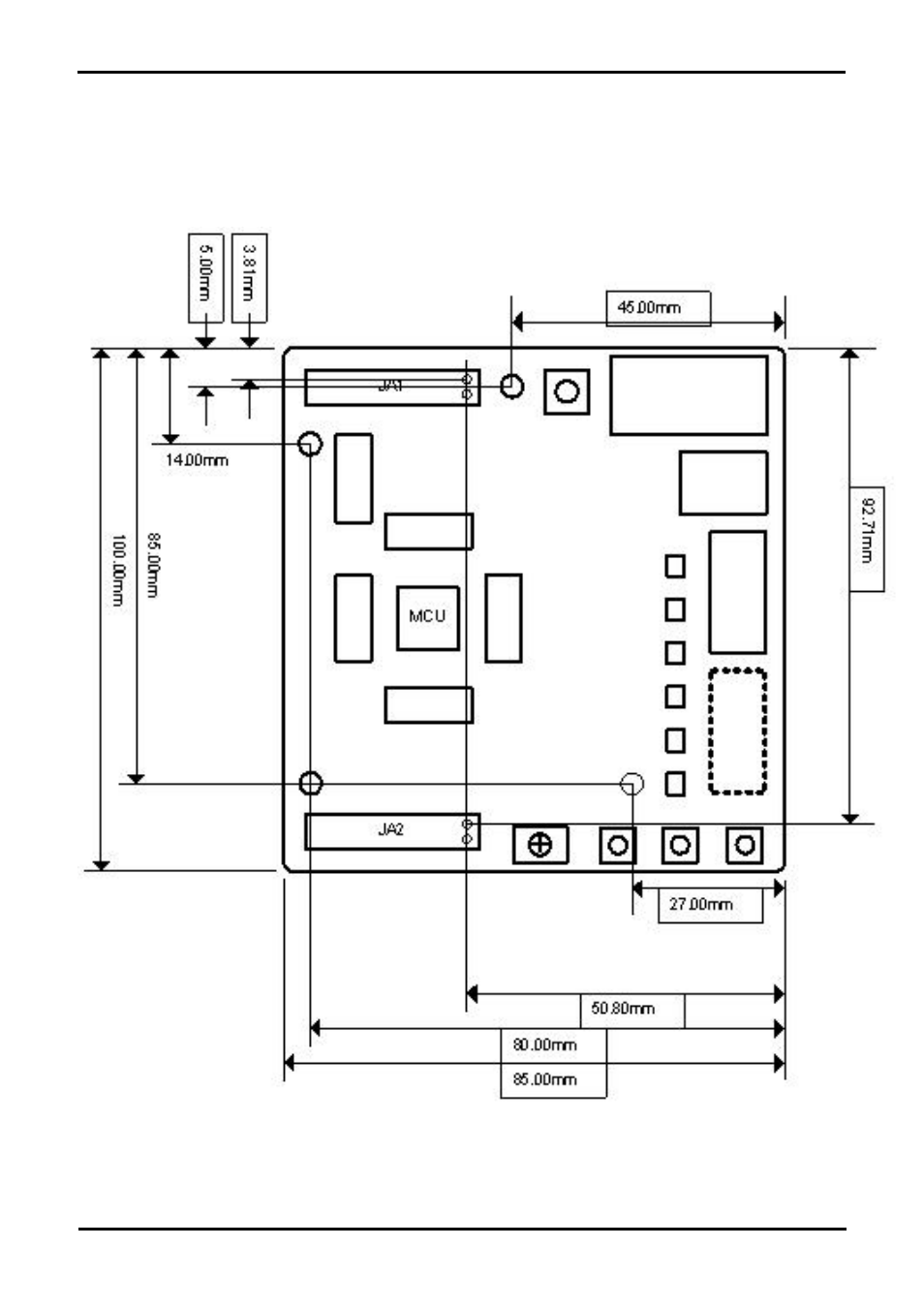 Board dimensions | Renesas Single-Chip Microcomputer H8/36079 User Manual | Page 9 / 27