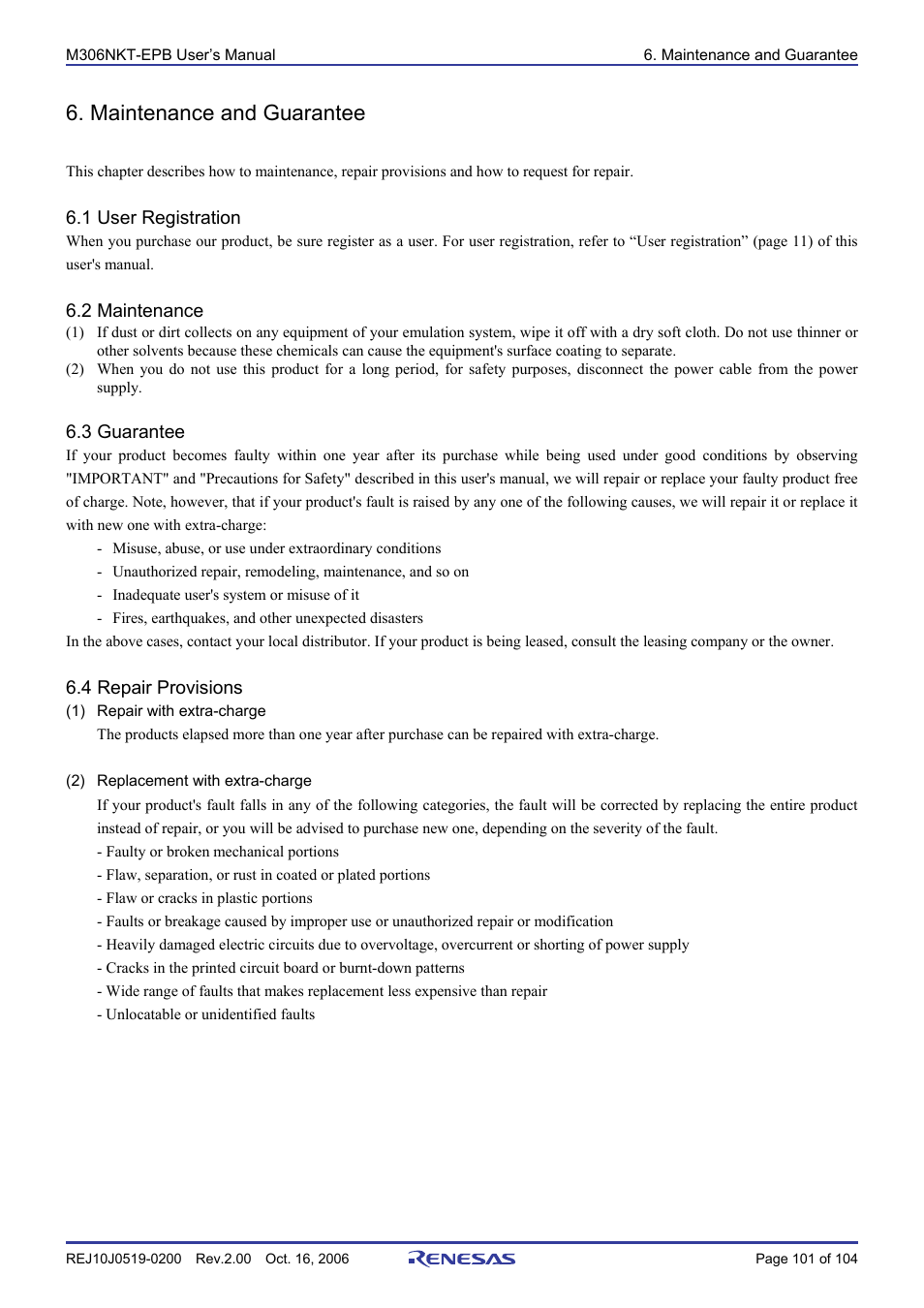 Maintenance and guarantee, 1 user registration, 2 maintenance | 3 guarantee, 4 repair provisions | Renesas M16C/6NM User Manual | Page 103 / 106