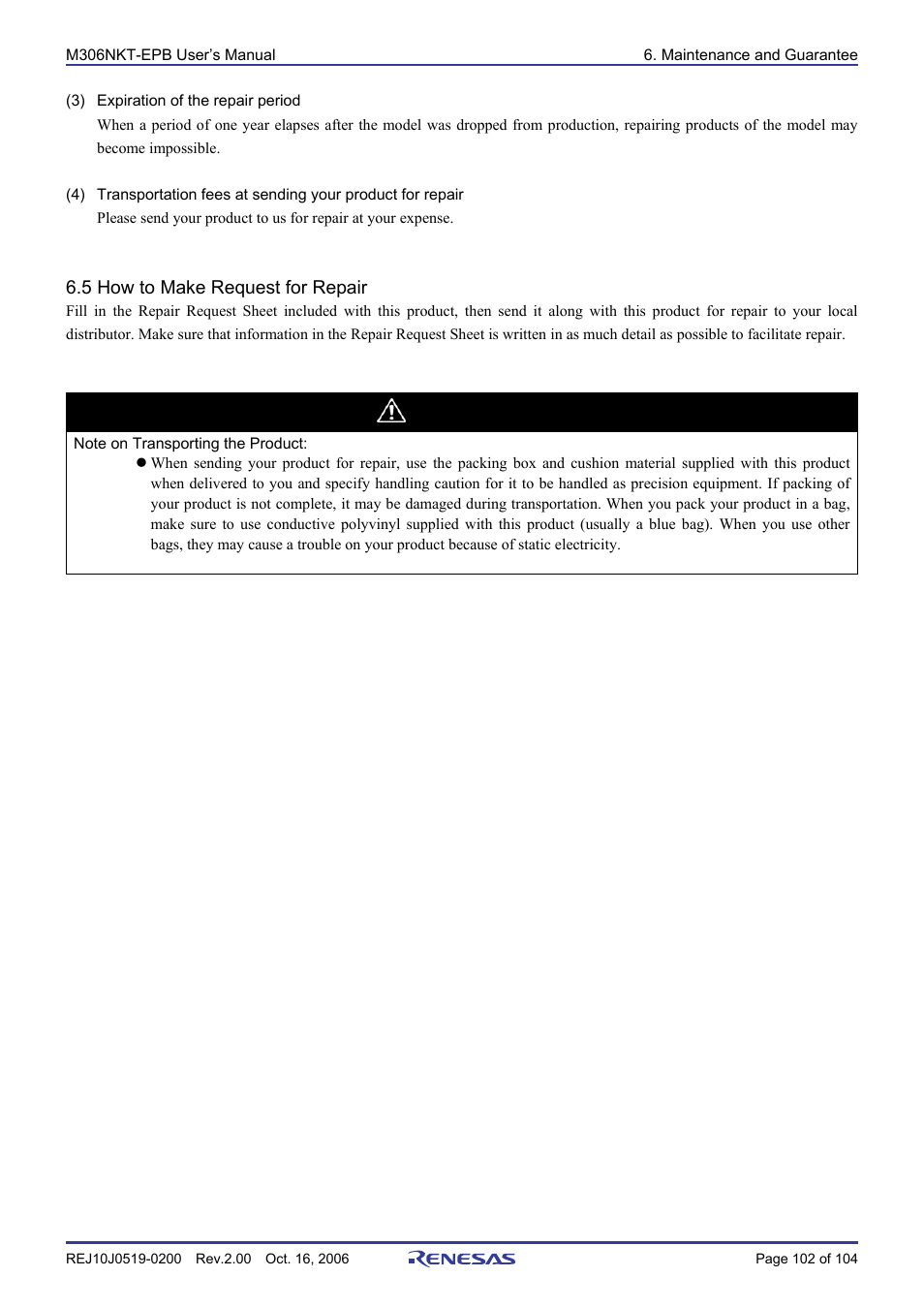 5 how to make request for repair, Caution | Renesas M16C/6NM User Manual | Page 104 / 106