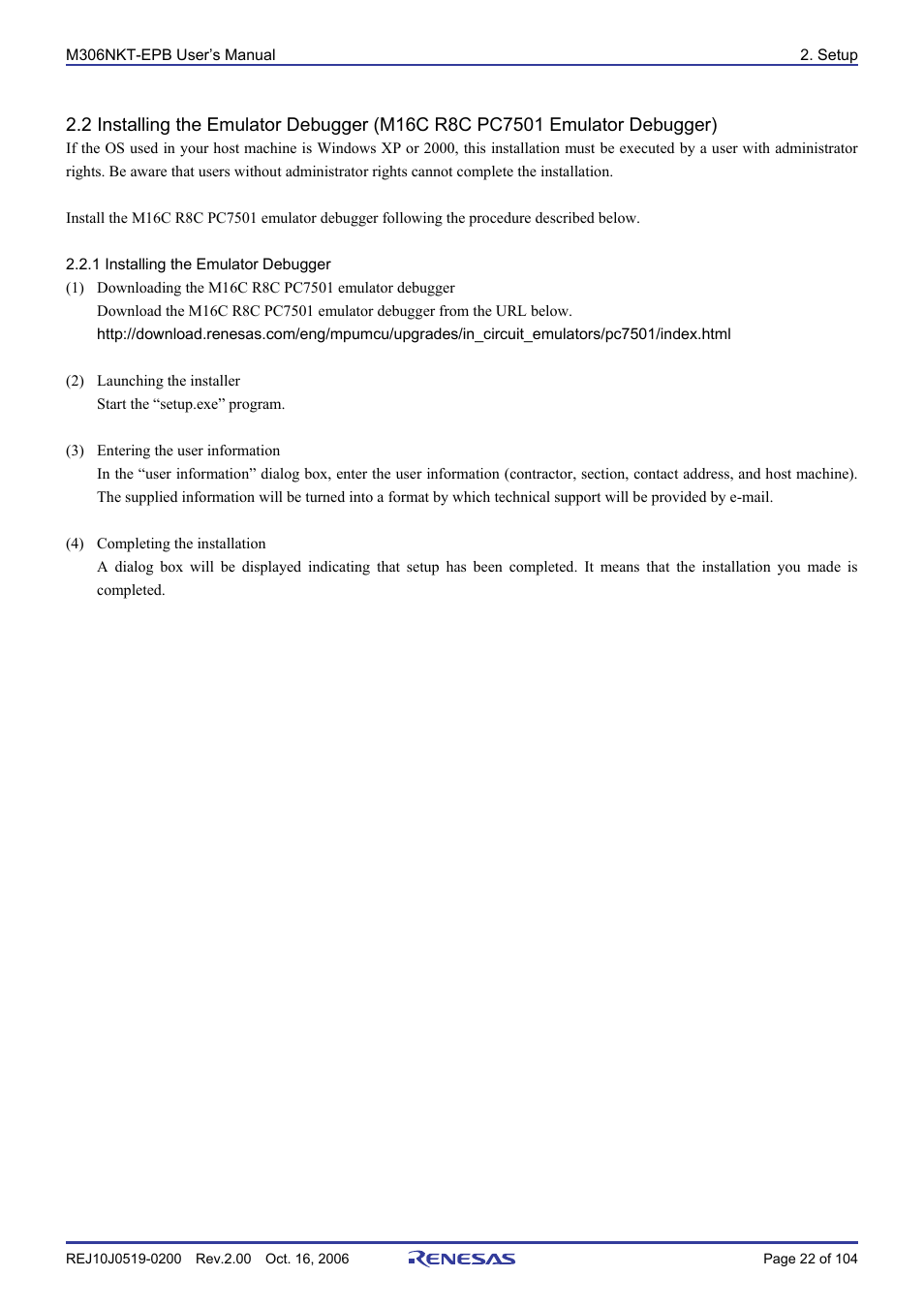 1 installing the emulator debugger | Renesas M16C/6NM User Manual | Page 24 / 106