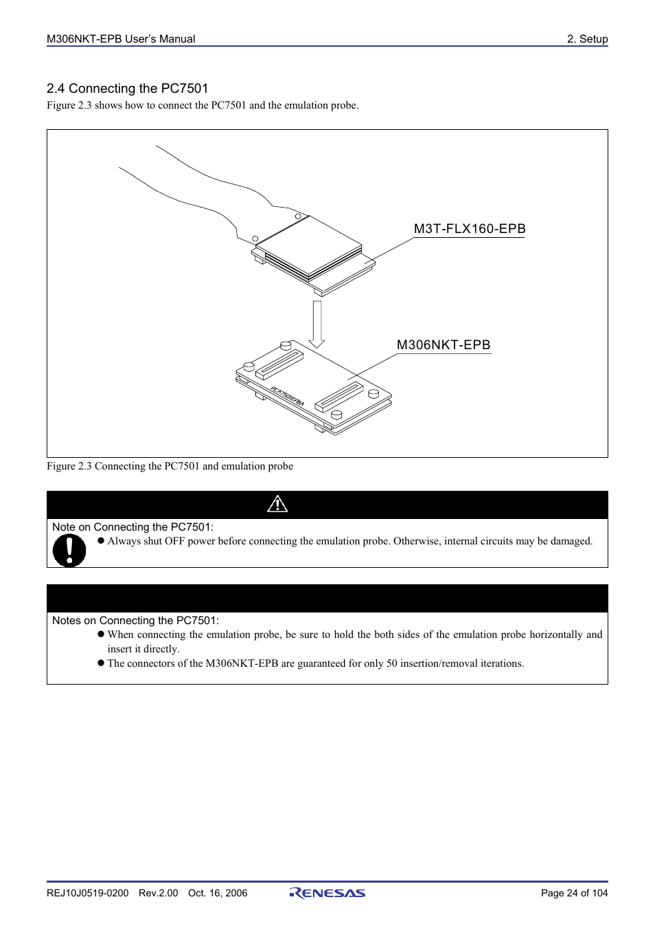 4 connecting the pc7501, Caution, Important | Renesas M16C/6NM User Manual | Page 26 / 106