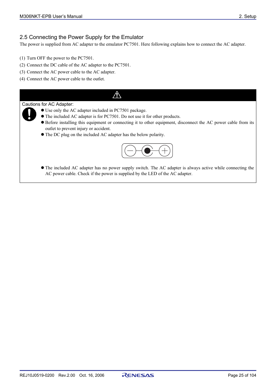 5 connecting the power supply for the emulator, Caution | Renesas M16C/6NM User Manual | Page 27 / 106