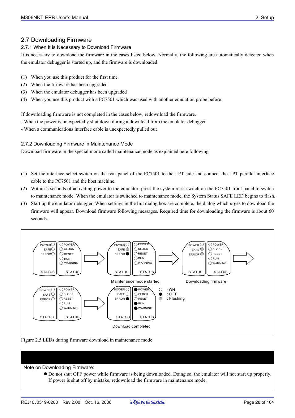 7 downloading firmware, 1 when it is necessary to download firmware, 2 downloading firmware in maintenance mode | Important, M306nkt-epb user’s manual 2. setup | Renesas M16C/6NM User Manual | Page 30 / 106