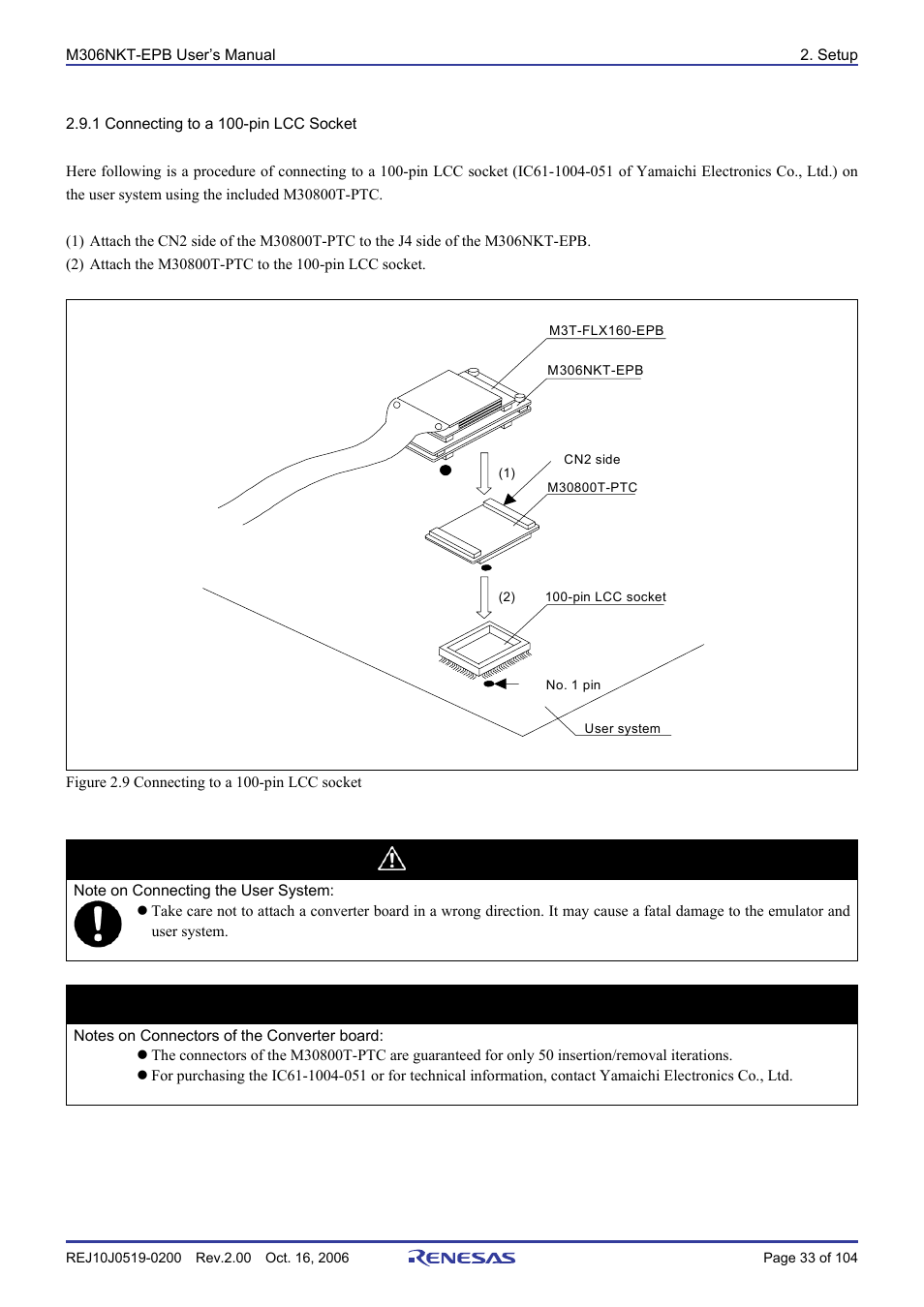 1 connecting to a 100-pin lcc socket, Caution, Important | Renesas M16C/6NM User Manual | Page 35 / 106