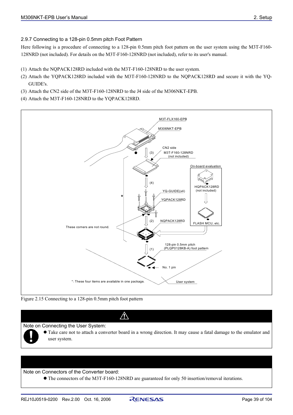 7 connecting to a 128-pin 0.5mm pitch foot pattern, Caution, Important | Renesas M16C/6NM User Manual | Page 41 / 106
