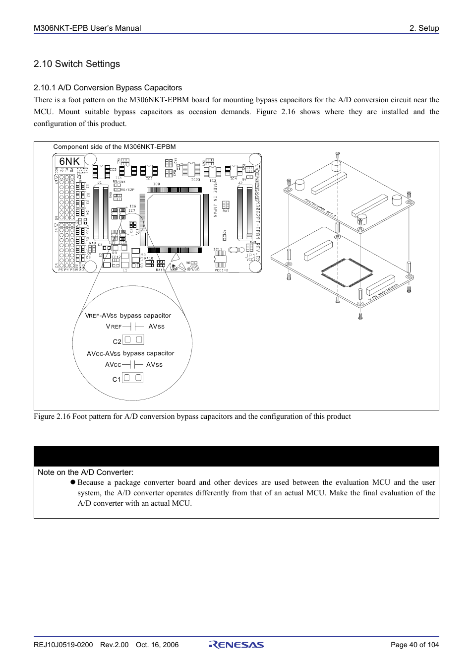 10 switch settings, 1 a/d conversion bypass capacitors, Important | Renesas M16C/6NM User Manual | Page 42 / 106