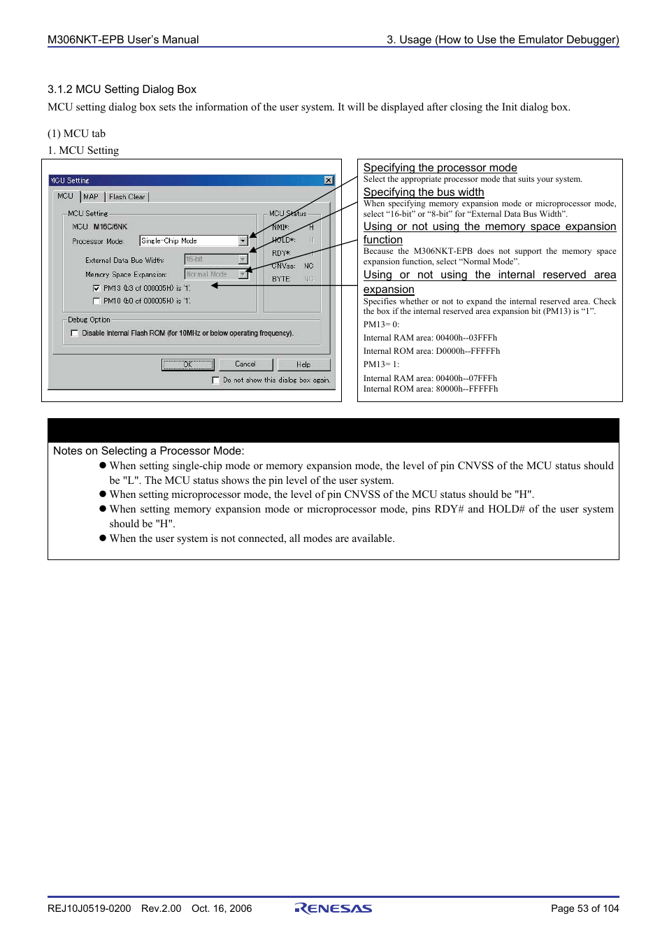 2 mcu setting dialog box, Important | Renesas M16C/6NM User Manual | Page 55 / 106