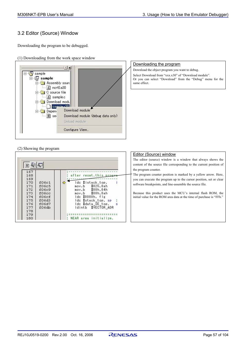 2 editor (source) window | Renesas M16C/6NM User Manual | Page 59 / 106