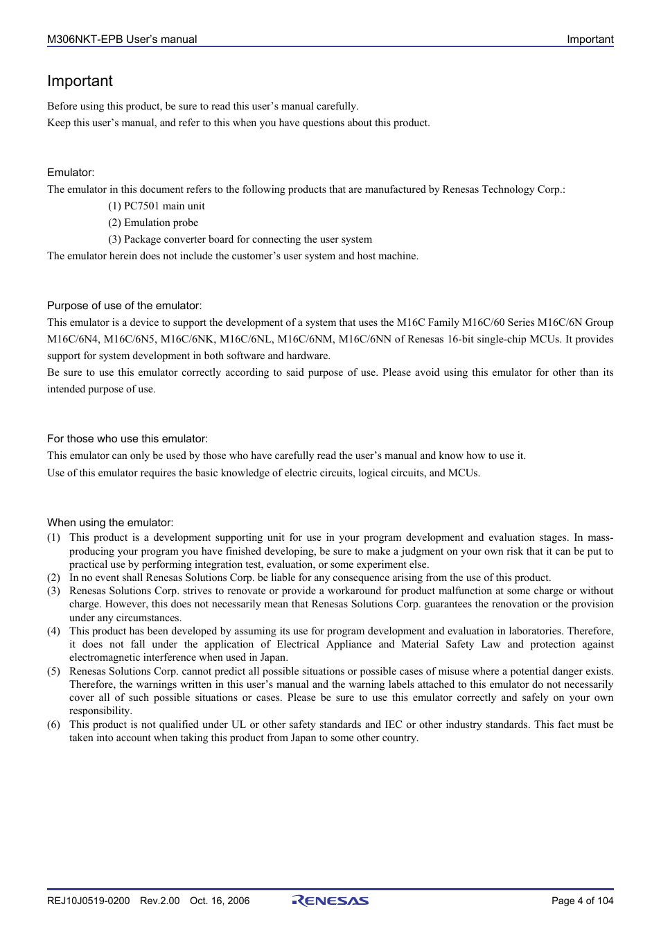Important | Renesas M16C/6NM User Manual | Page 6 / 106