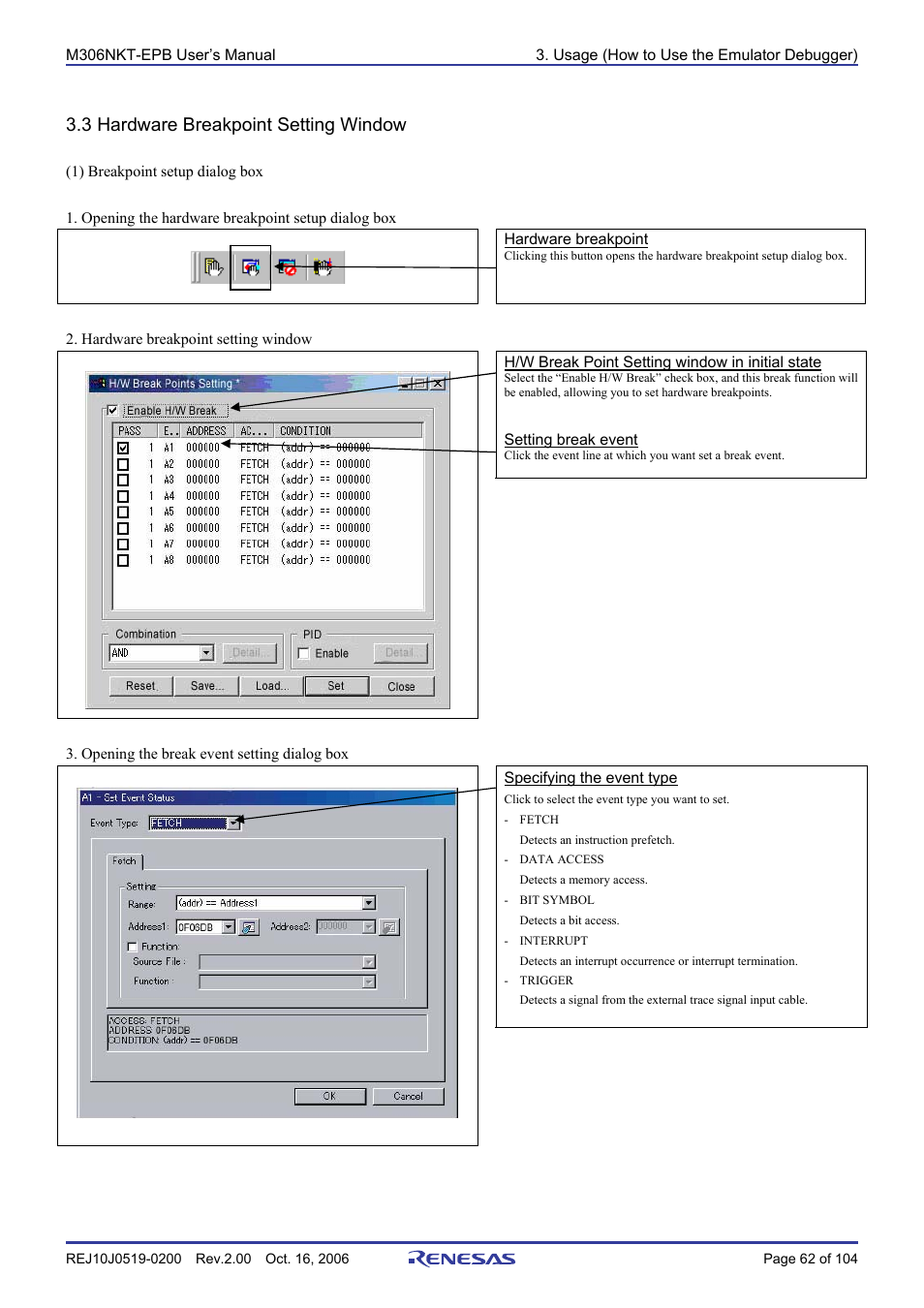 3 hardware breakpoint setting window | Renesas M16C/6NM User Manual | Page 64 / 106