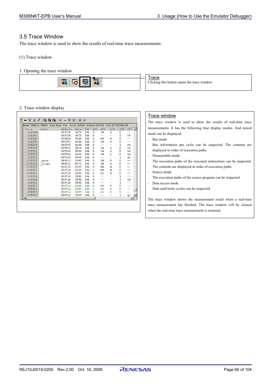 5 trace window | Renesas M16C/6NM User Manual | Page 68 / 106