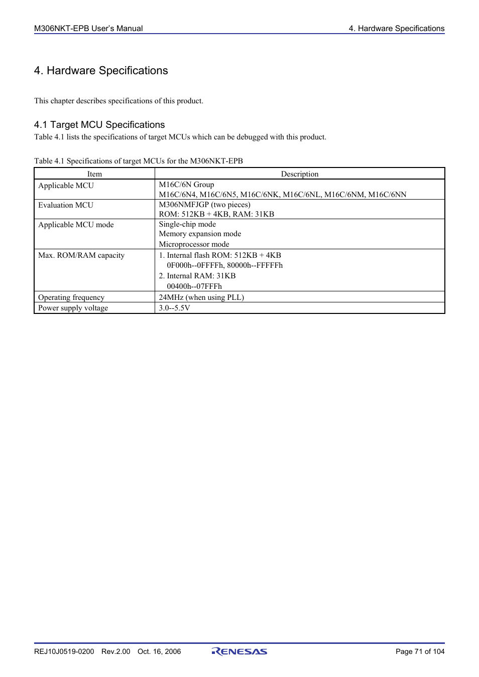 Hardware specifications, 1 target mcu specifications | Renesas M16C/6NM User Manual | Page 73 / 106