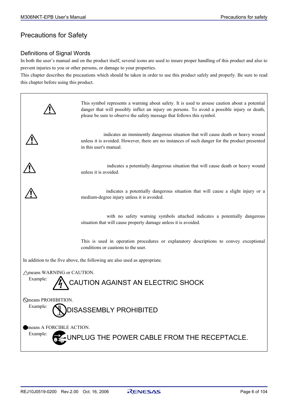 Precautions for safety, Danger, Warning | Caution, Important, Caution against an electric shock, Disassembly prohibited, Unplug the power cable from the receptacle | Renesas M16C/6NM User Manual | Page 8 / 106