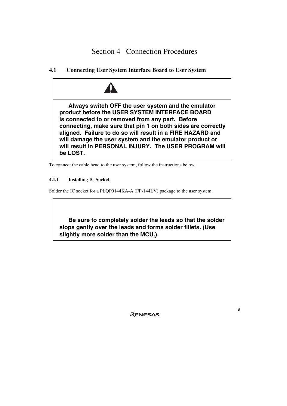 Section 4 connection procedures, 1 installing ic socket, Warning | Caution | Renesas SH7085 User Manual | Page 29 / 50