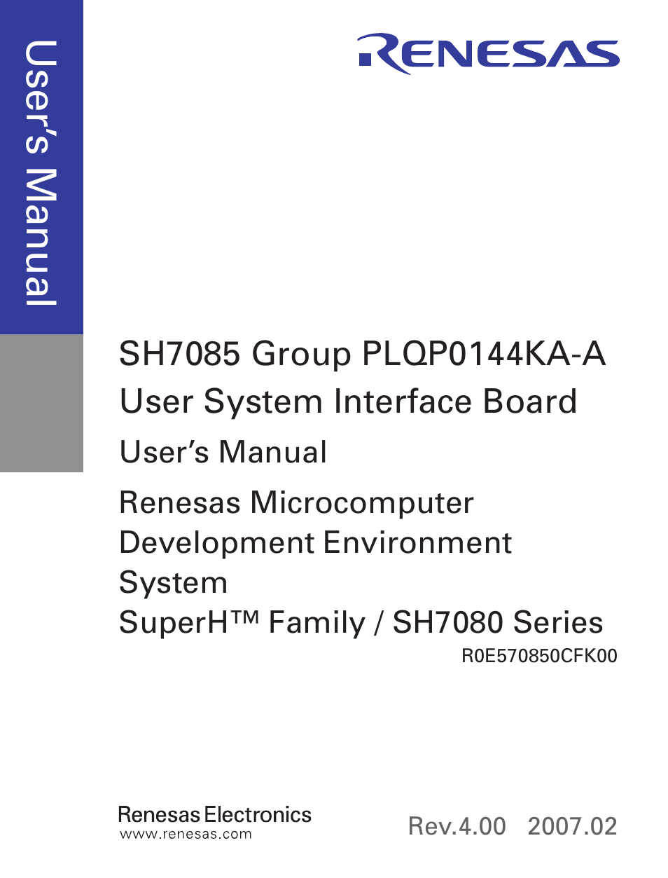 Cover, Use r’s m an ua l | Renesas SH7085 User Manual | Page 3 / 50