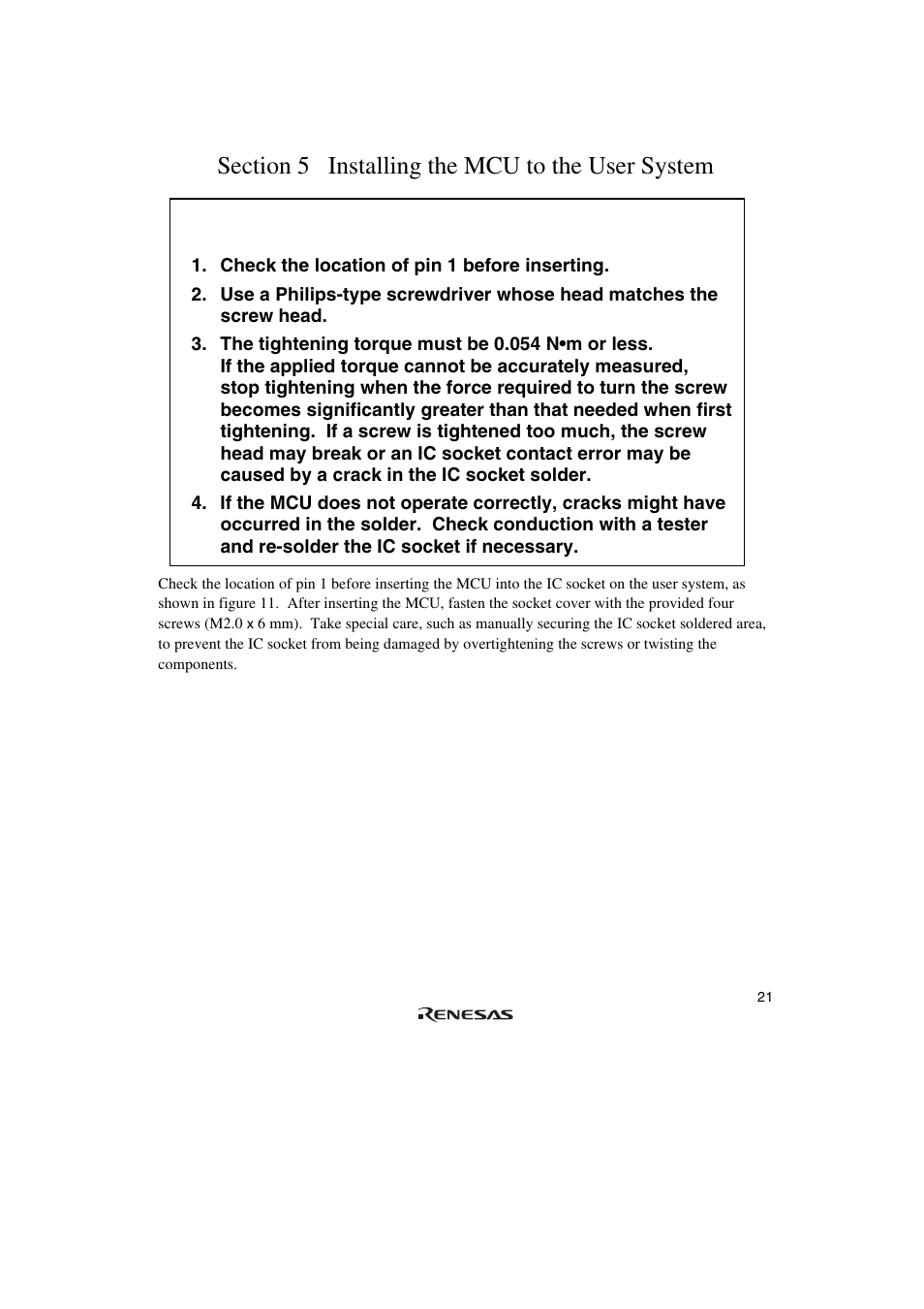 Section 5 installing the mcu to the user system, Caution | Renesas SH7085 User Manual | Page 41 / 50