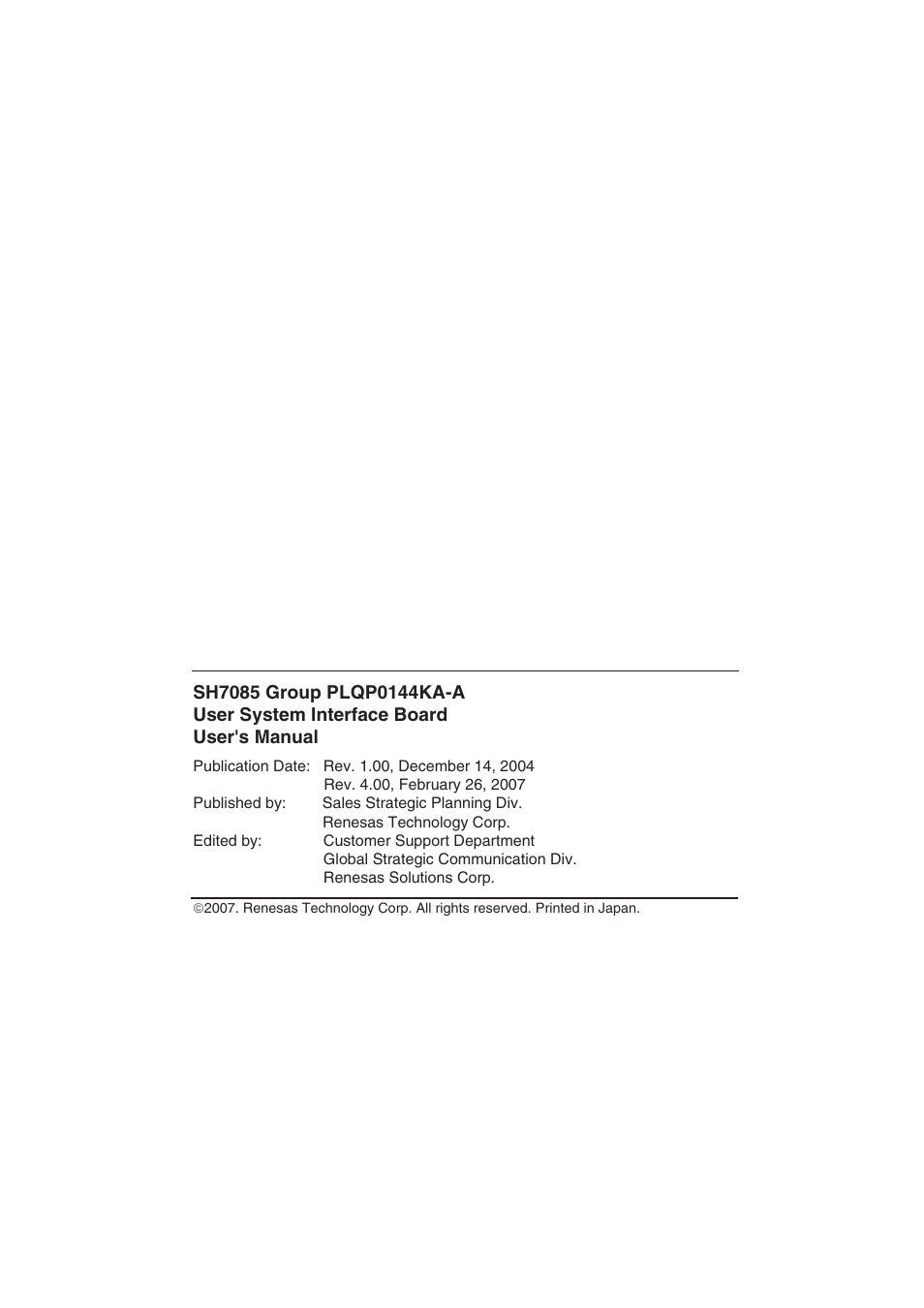 Colophon | Renesas SH7085 User Manual | Page 47 / 50