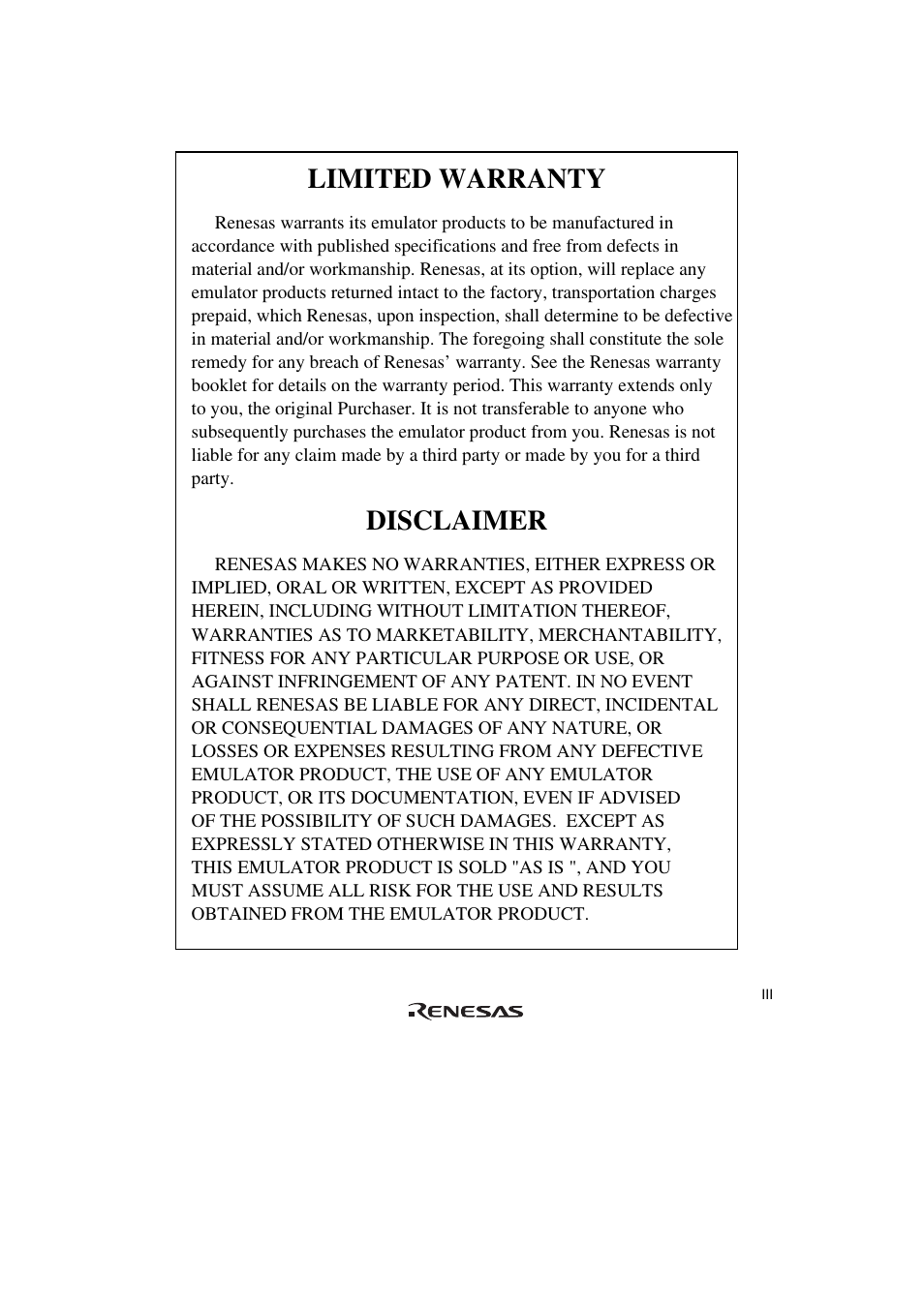 Limited warranty, Disclaimer | Renesas SH7085 User Manual | Page 9 / 50