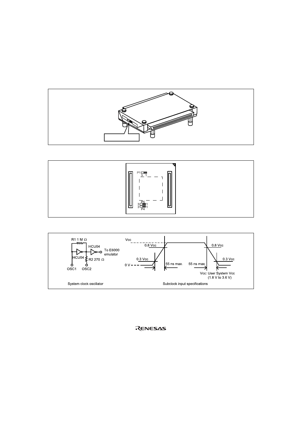 Figure 9 expansion i/o board subclock selection, Figure 10 p4 and p5 jumpers, E6000 | Renesas TFP-100B User Manual | Page 21 / 22