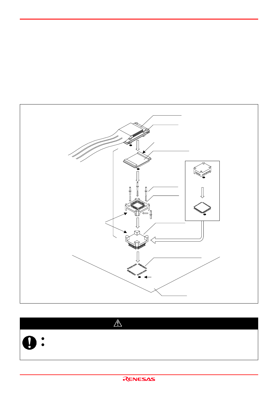 6 connecting to a 144-pin 0.5mm pitch foot pattern, Caution | Renesas Emulation Probe M30850T2-EPB User Manual | Page 35 / 98