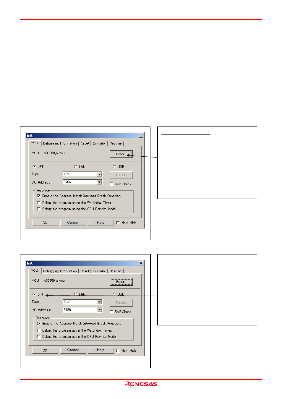 Usage (emulator debugger) | Renesas Emulation Probe M30850T2-EPB User Manual | Page 46 / 98