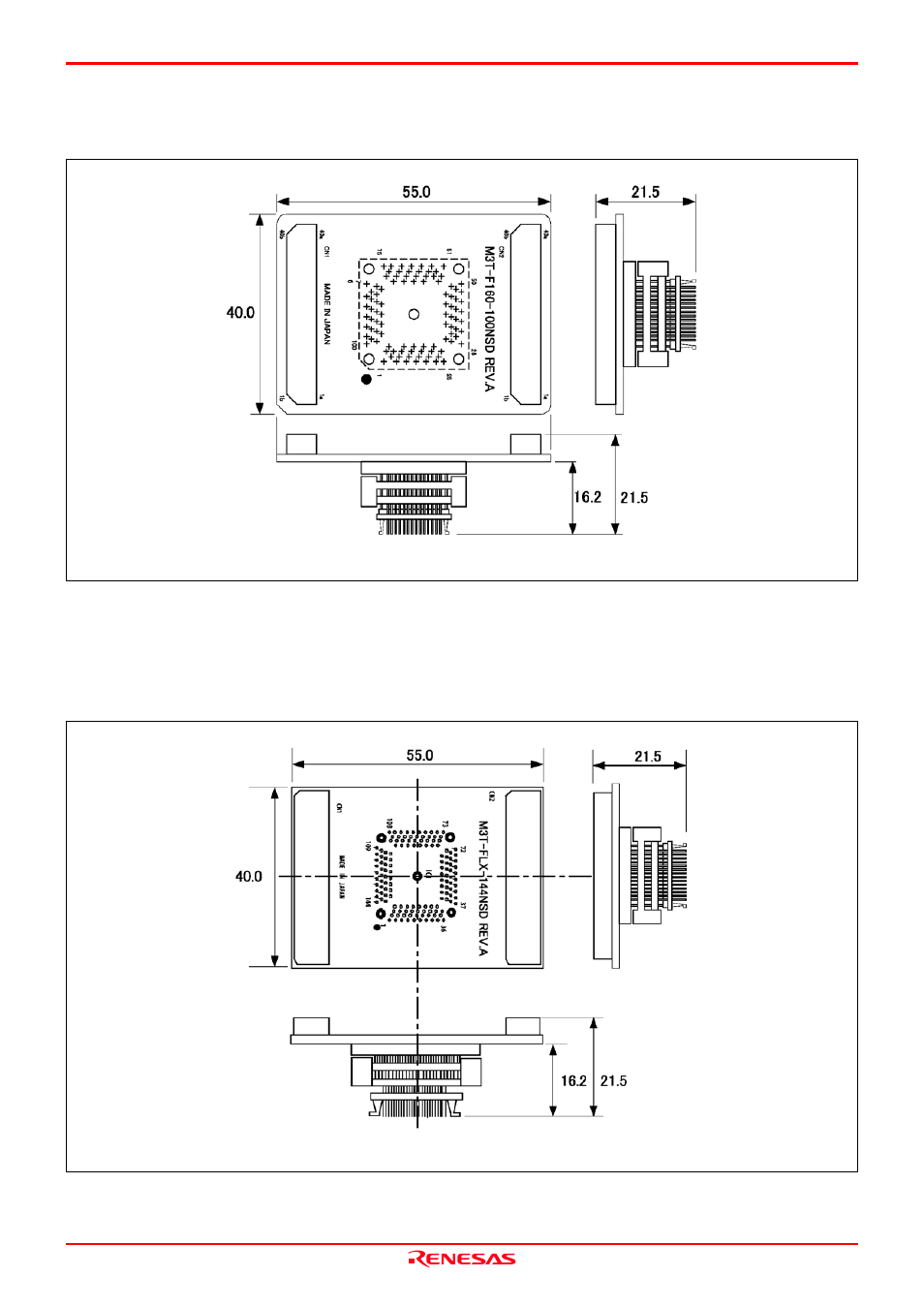 4 external dimensions of the m3t-f160-100nsd, 5 external dimensions of the m3t-flx-144nsd | Renesas Emulation Probe M30850T2-EPB User Manual | Page 83 / 98