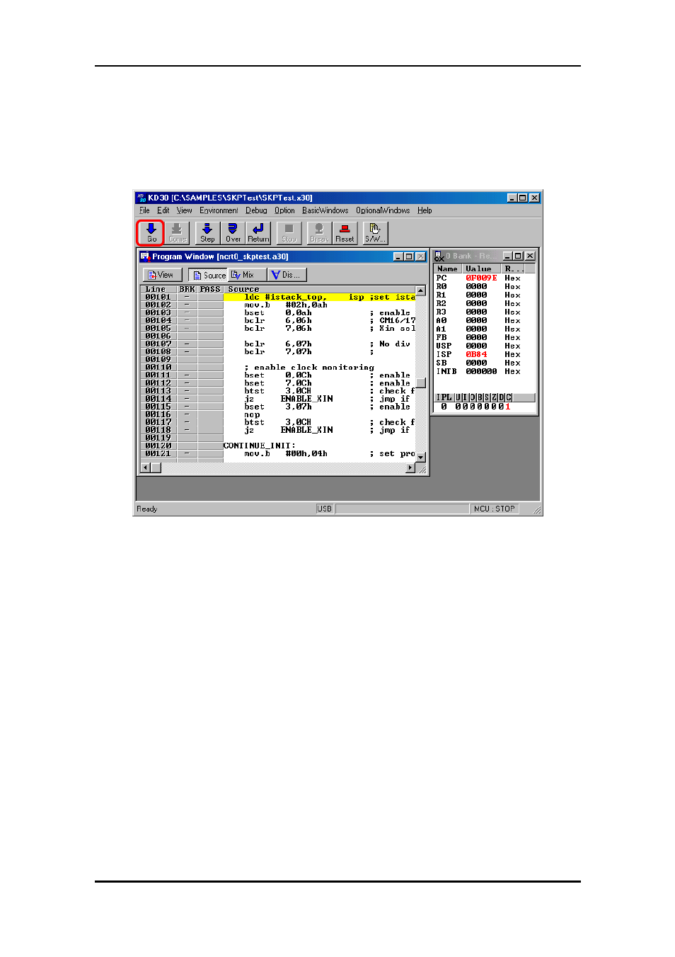 4 program execution, 5 program stop, 6 program step execution | Renesas M16C FAMILY User Manual | Page 59 / 103