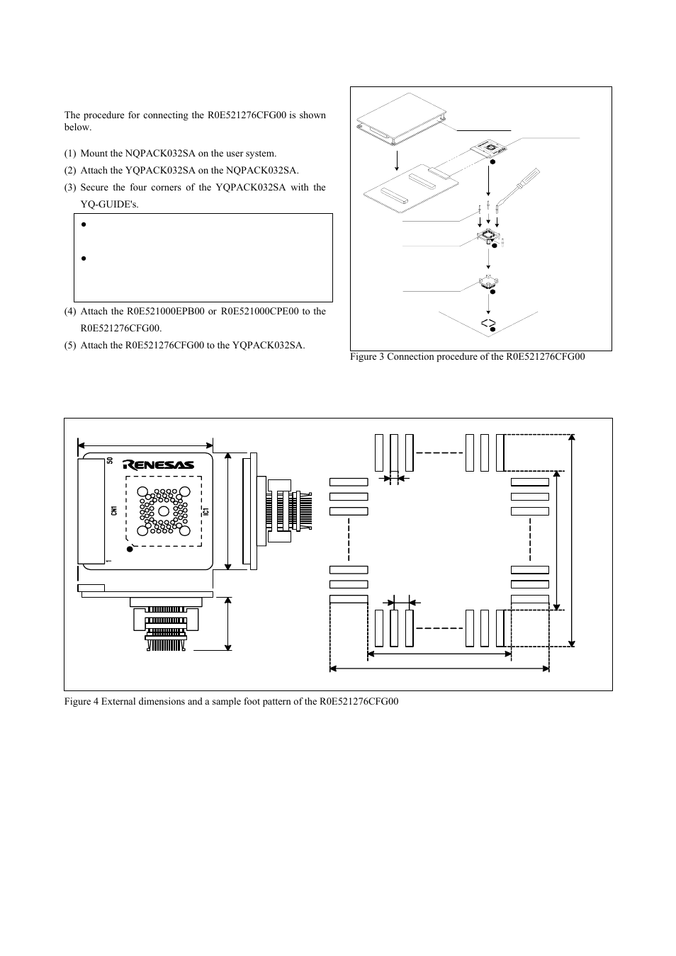 Connection procedure, External dimensions and a sample foot pattern, Connection procedure (see figure 3) | Renesas Converter Board R0E521276CFG00 User Manual | Page 3 / 4