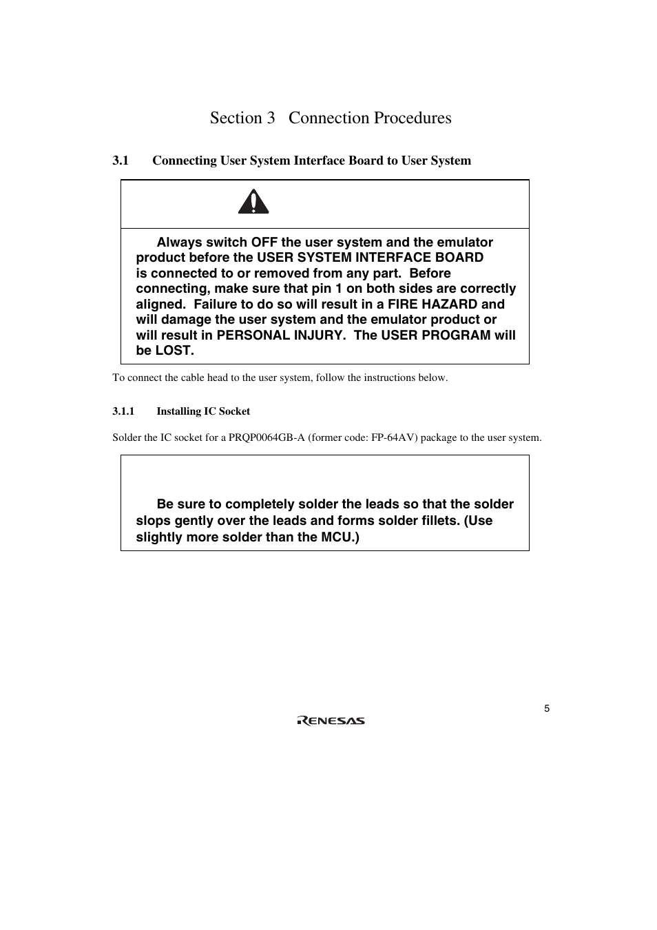 Section 3 connection procedures, 1 installing ic socket, Warning | Caution | Renesas R0E571250CFG00 User Manual | Page 23 / 40