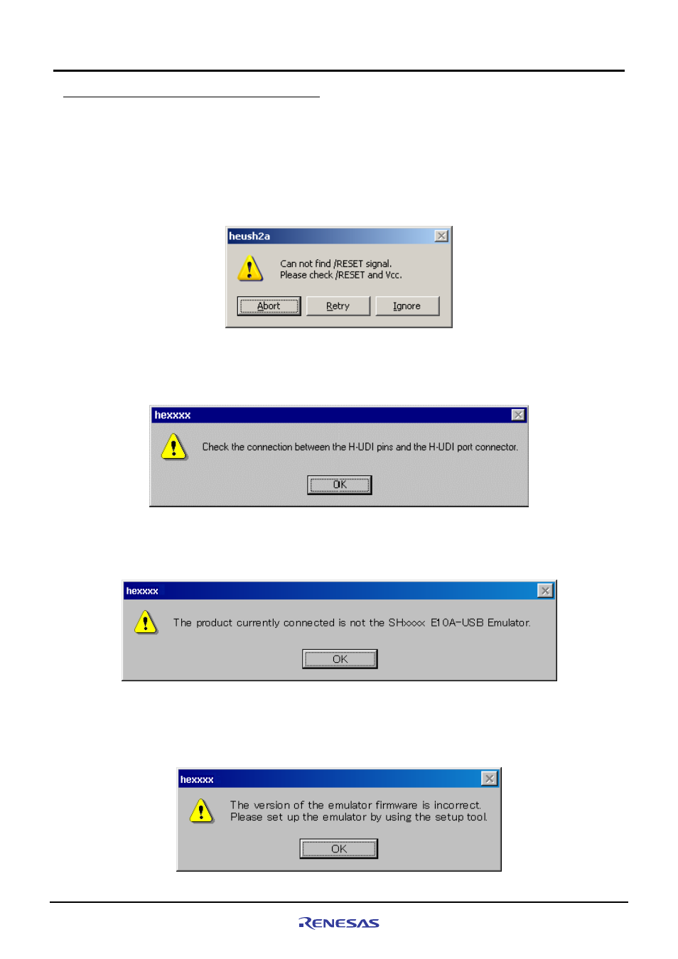 3 e10a-usb emulator connection error dialog, 3 e10a-usb emulator connection error dialog -6 | Renesas M3A-HS71 User Manual | Page 50 / 82