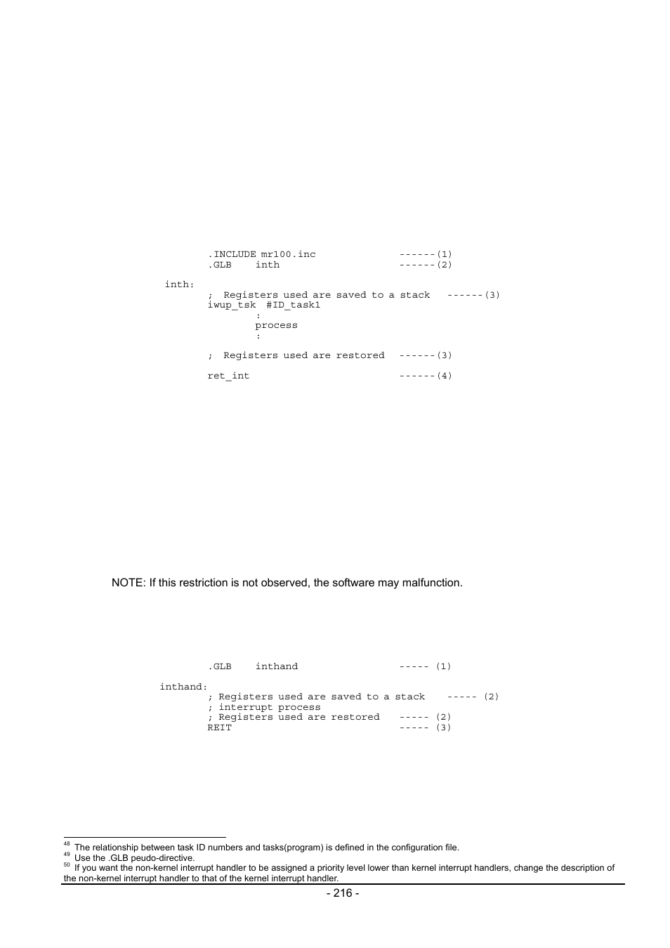 2 writing kernel interrupt handler, 3 writing non-kernel interrupt handler, 4 writing cyclic handler/alarm handler | Renesas Emulator System M3T-MR100 User Manual | Page 232 / 306