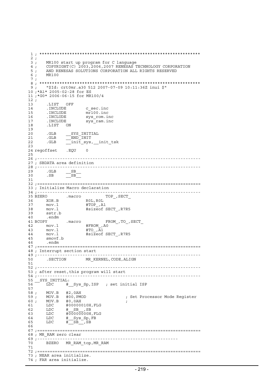 1 c language startup program (crt0mr.a30) | Renesas Emulator System M3T-MR100 User Manual | Page 235 / 306