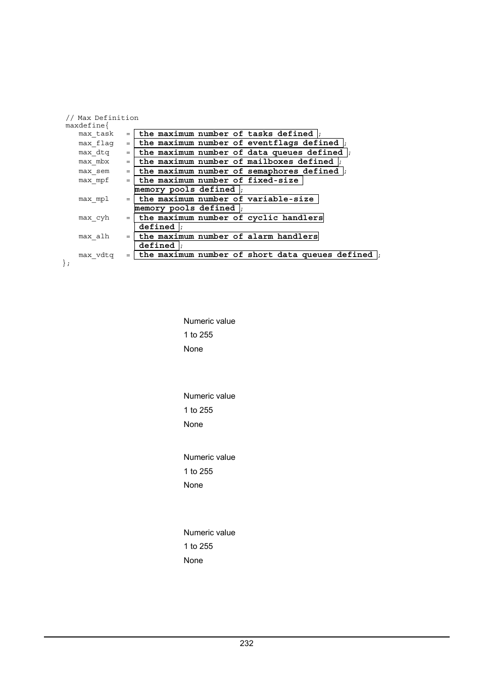 Definition respective maximum numbers of items ) | Renesas Emulator System M3T-MR100 User Manual | Page 248 / 306
