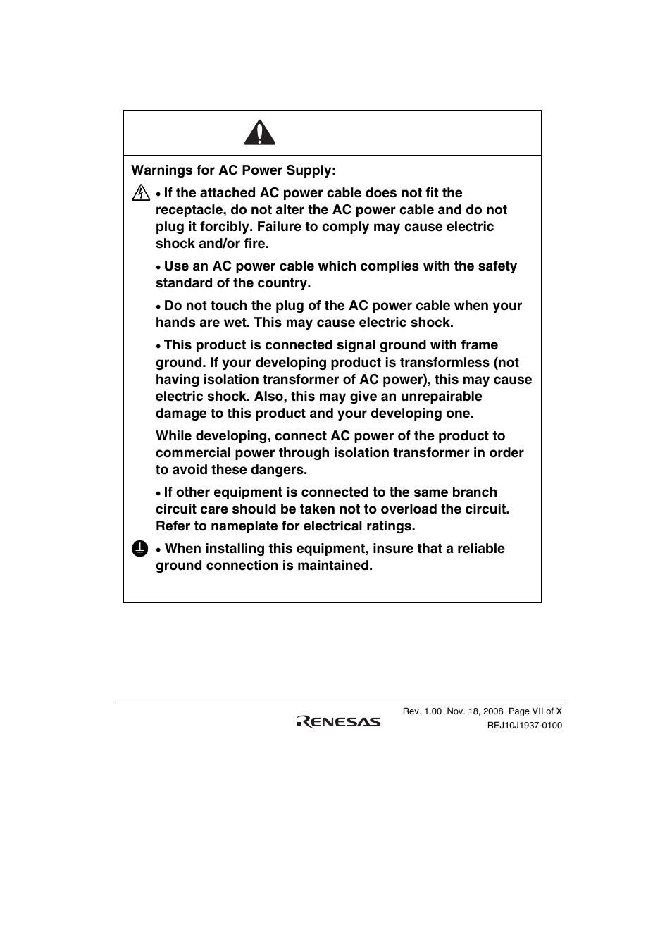 Warning | Renesas SuperHTM Family SH72546RFCC User Manual | Page 13 / 40